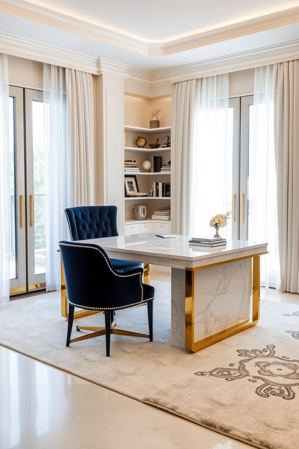 An elegant marble desk with gold accents takes center stage in a luxurious home office. The desk is paired with a plush velvet chair in a deep navy hue, creating a striking contrast against the soft cream walls. Natural light floods the space through large windows adorned with sheer white curtains. A stylish bookshelf filled with curated decor and books complements the sophisticated atmosphere, while a chic area rug anchors the seating area.