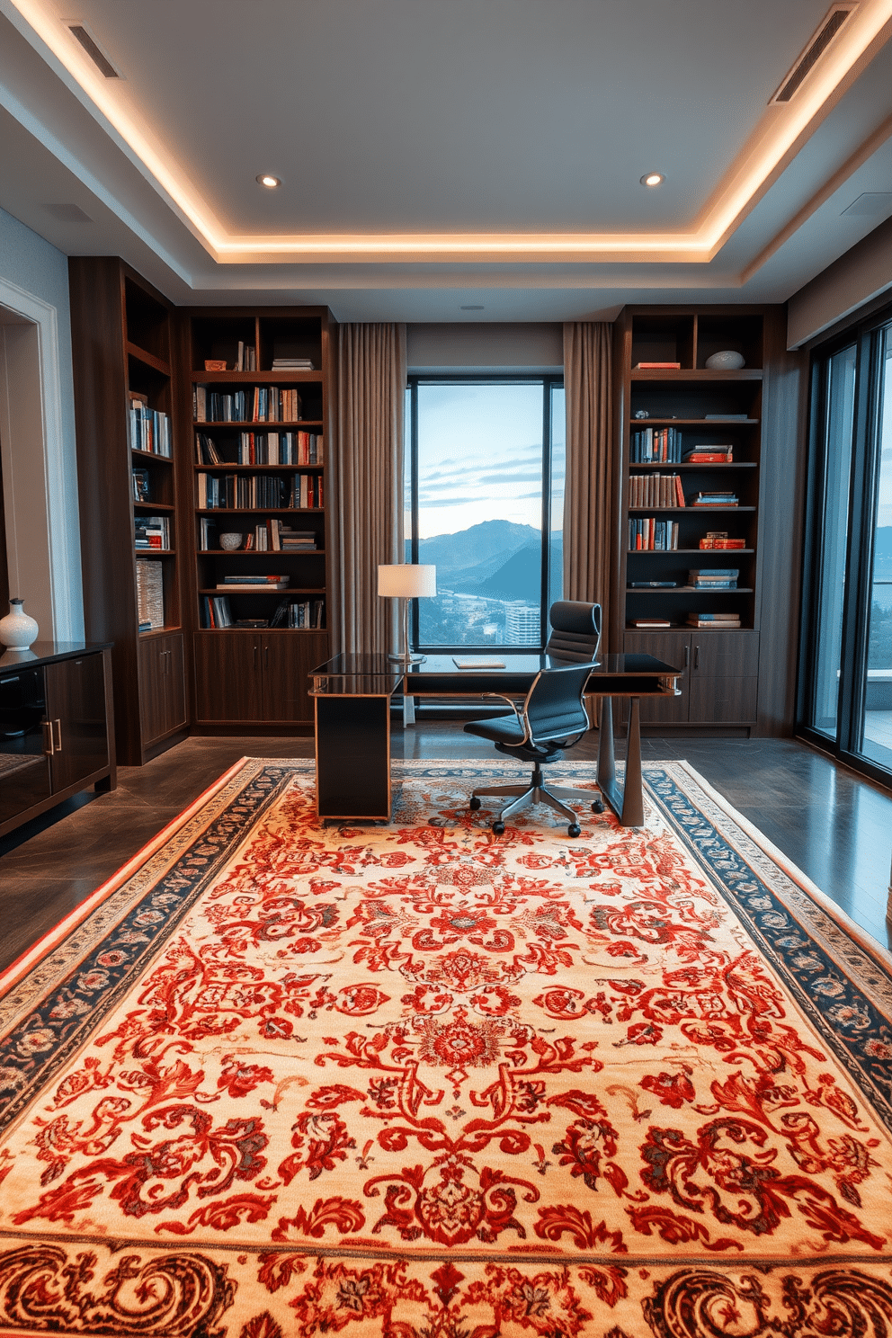 A luxurious area rug anchors the space, featuring intricate patterns and rich textures that complement the surrounding decor. The rug's deep hues and plush fibers create a warm and inviting atmosphere, enhancing the overall elegance of the room. In a luxury home office, a sleek, modern desk is paired with a comfortable ergonomic chair, set against a backdrop of floor-to-ceiling bookshelves. Soft, ambient lighting illuminates the space, while large windows offer a stunning view, creating a productive yet serene environment.