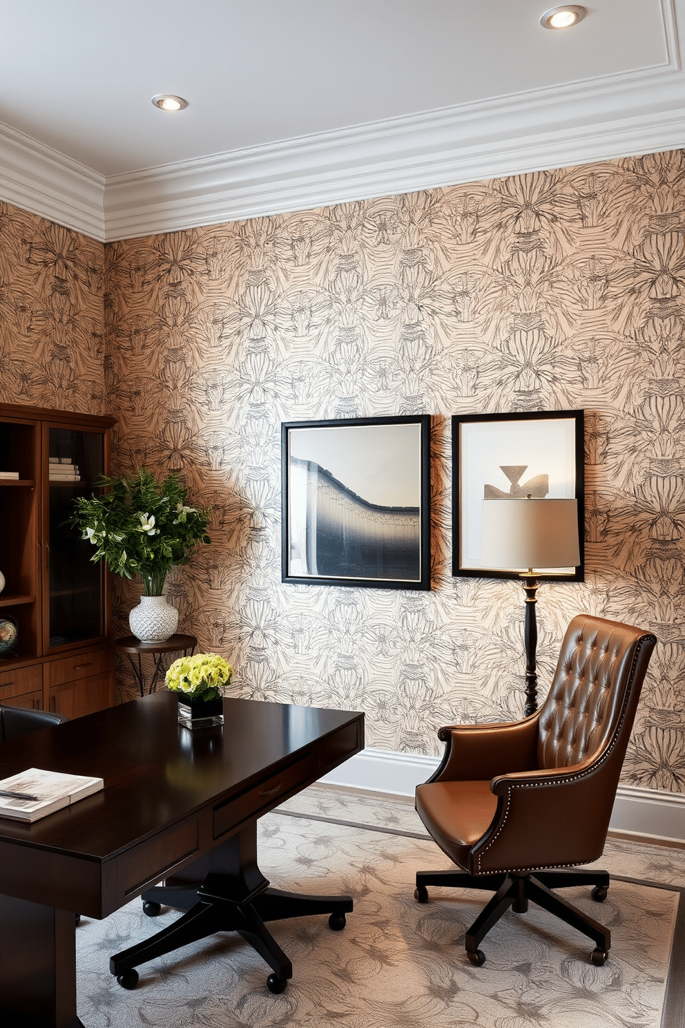 A luxurious home office featuring high-end wallpaper with intricate textured patterns that create a sense of depth and sophistication. The room is accentuated by elegant furnishings, including a sleek wooden desk and a plush leather chair, complemented by stylish decorative elements.