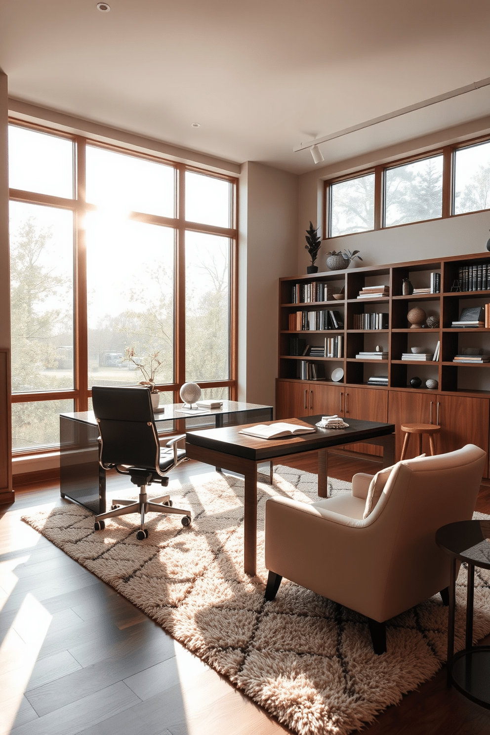 A luxurious home office bathed in natural light streaming through large, floor-to-ceiling windows. The space features a sleek, modern desk made of dark wood, paired with an ergonomic leather chair, and adorned with stylish stationery and a small potted plant. The walls are painted in a soft, neutral tone, complemented by rich wooden shelving filled with books and decorative items. A plush area rug anchors the seating area, which includes a cozy armchair and a side table, creating a perfect reading nook.