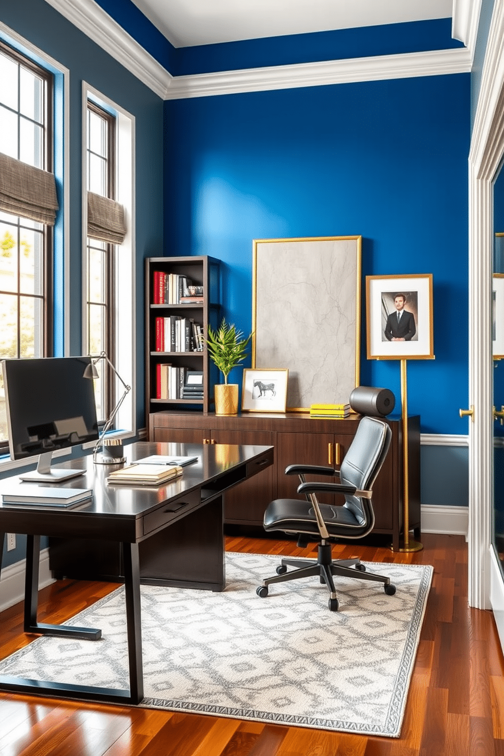 A luxury home office designed for productivity and elegance. The room features a sleek, dark wood desk paired with a plush, ergonomic chair, complemented by bold color accents like a vibrant blue accent wall and rich gold decor elements. Large windows allow natural light to flood the space, highlighting a statement bookshelf filled with curated books and art pieces. A stylish area rug in geometric patterns adds warmth and texture to the polished hardwood floor, creating an inviting atmosphere for creativity and focus.