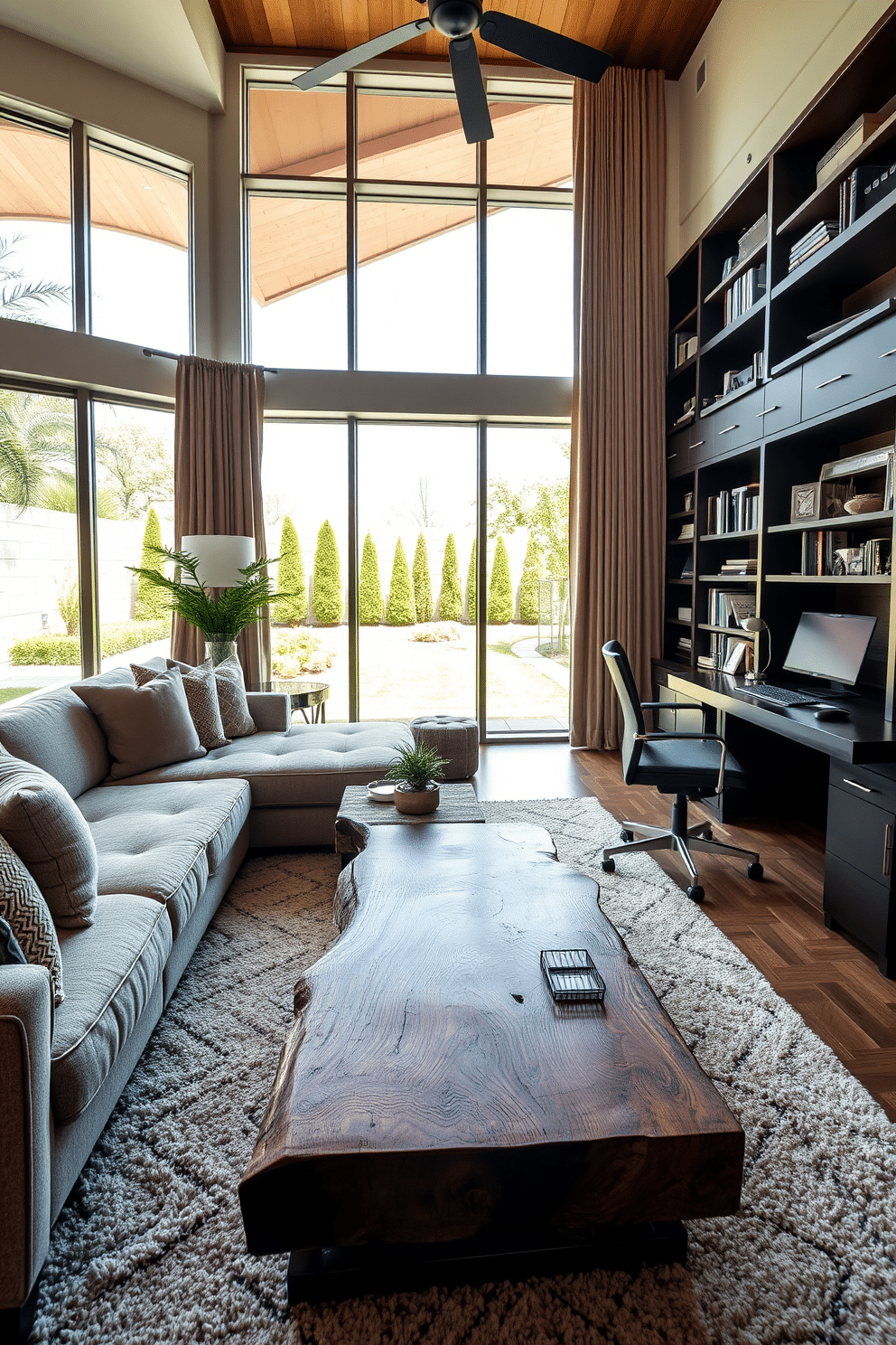 A comfortable seating area for relaxation features a plush sectional sofa adorned with soft, textured throw pillows. A stylish coffee table made of reclaimed wood sits in the center, surrounded by a soft area rug that adds warmth to the space. The luxury home office design includes a sleek, modern desk made of dark wood with a polished finish, paired with an ergonomic leather chair. Floor-to-ceiling bookshelves line one wall, filled with curated books and decorative items, while large windows provide ample natural light and a view of the landscaped garden outside.