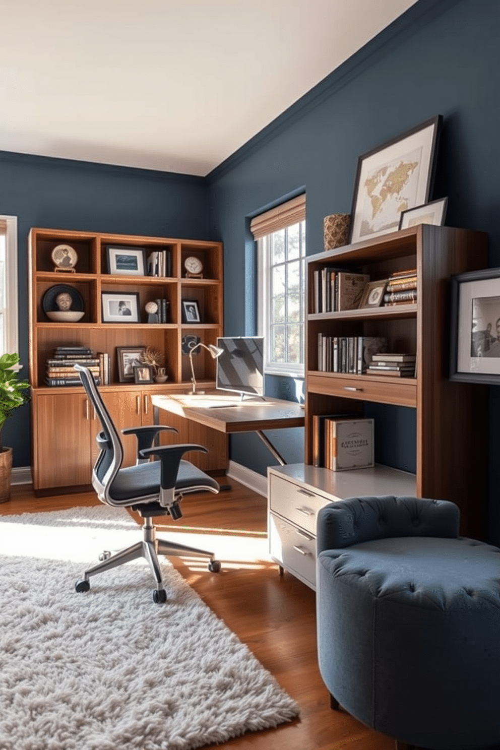 A personalized home office that reflects your unique style. The space features a sleek wooden desk with a built-in bookshelf, adorned with curated decor items and personal mementos. The walls are painted in a calming blue hue, complemented by a plush area rug in neutral tones. A stylish ergonomic chair sits at the desk, and large windows allow natural light to flood the room, enhancing the overall ambiance.