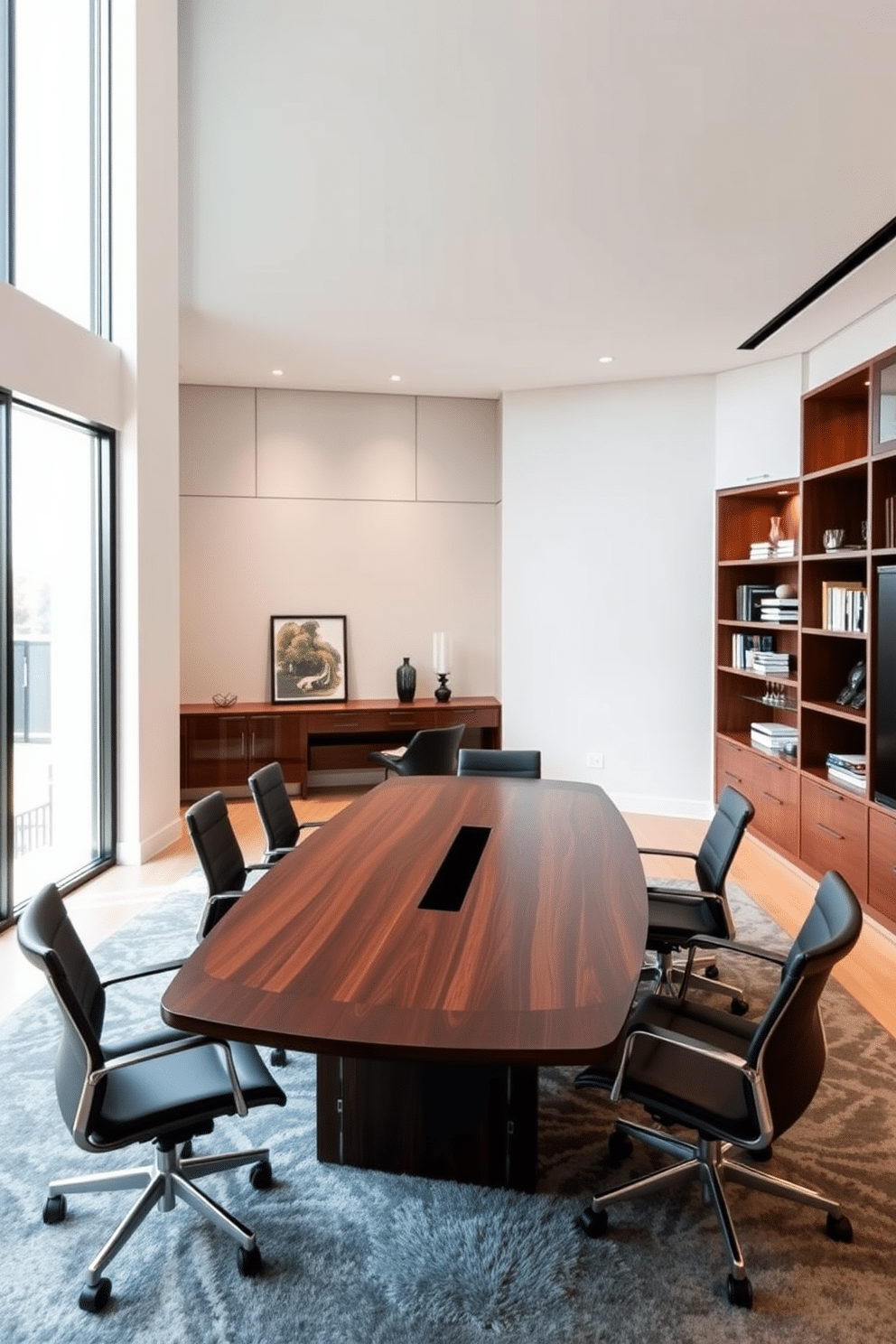 A sleek conference table made of dark wood, complemented by ergonomic chairs in a modern design. The room features large windows that allow natural light to flood in, creating an inviting atmosphere for meetings. A luxury home office designed with a blend of functionality and elegance. The space includes a spacious desk with built-in storage, a plush area rug, and stylish shelving that showcases a curated collection of books and decor.