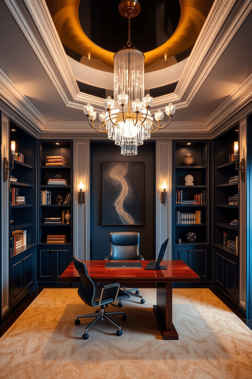 A luxury home office featuring unique lighting fixtures as focal points. The room is designed with a sleek wooden desk, complemented by an ergonomic chair, and surrounded by built-in shelves filled with books and decorative items. Suspended from the ceiling, an artistic chandelier draws the eye, while elegant wall sconces provide additional illumination. The color palette consists of deep blues and warm golds, creating a sophisticated atmosphere perfect for productivity and inspiration.