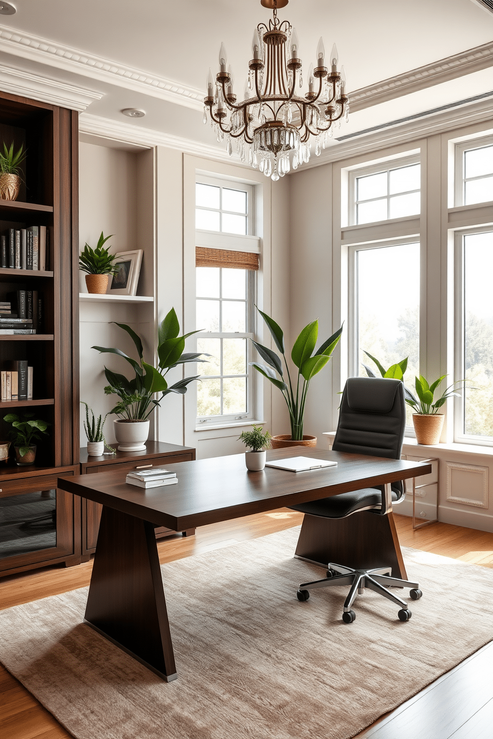 A luxurious home office featuring a sleek, modern desk made of dark wood, paired with an ergonomic leather chair. Large windows allow natural light to flood the space, with potted plants strategically placed on the windowsill and in the corners to enhance the fresh vibe. The walls are painted in a soft, neutral tone, complemented by elegant shelving units filled with books and decorative items. A plush area rug in muted tones anchors the space, while a statement chandelier adds a touch of sophistication overhead.