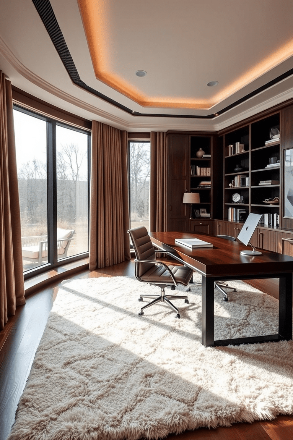 A luxury home office designed for quiet focus features soundproofing elements such as acoustic panels on the walls and a plush area rug to absorb sound. The desk is made of dark wood with a sleek finish, complemented by an ergonomic chair upholstered in soft leather. Large windows are treated with heavy drapes to block out noise and light, creating a serene atmosphere. A built-in bookshelf filled with curated decor and books adds both functionality and elegance to the space.