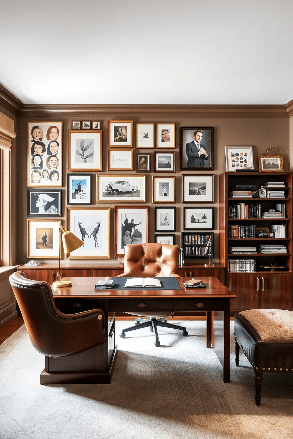 A luxurious home office featuring a gallery wall adorned with an eclectic mix of framed artwork and photographs, creating an inspiring atmosphere. The desk, made of rich mahogany, is complemented by a plush leather chair and a stylish brass lamp, while a large window allows natural light to flood the space, highlighting the elegant decor. The walls are painted in a soft taupe, providing a warm backdrop for the gallery wall, which includes abstract art and personal mementos. A sleek bookshelf filled with curated books and decorative objects stands to one side, enhancing the sophisticated ambiance of this high-end workspace.