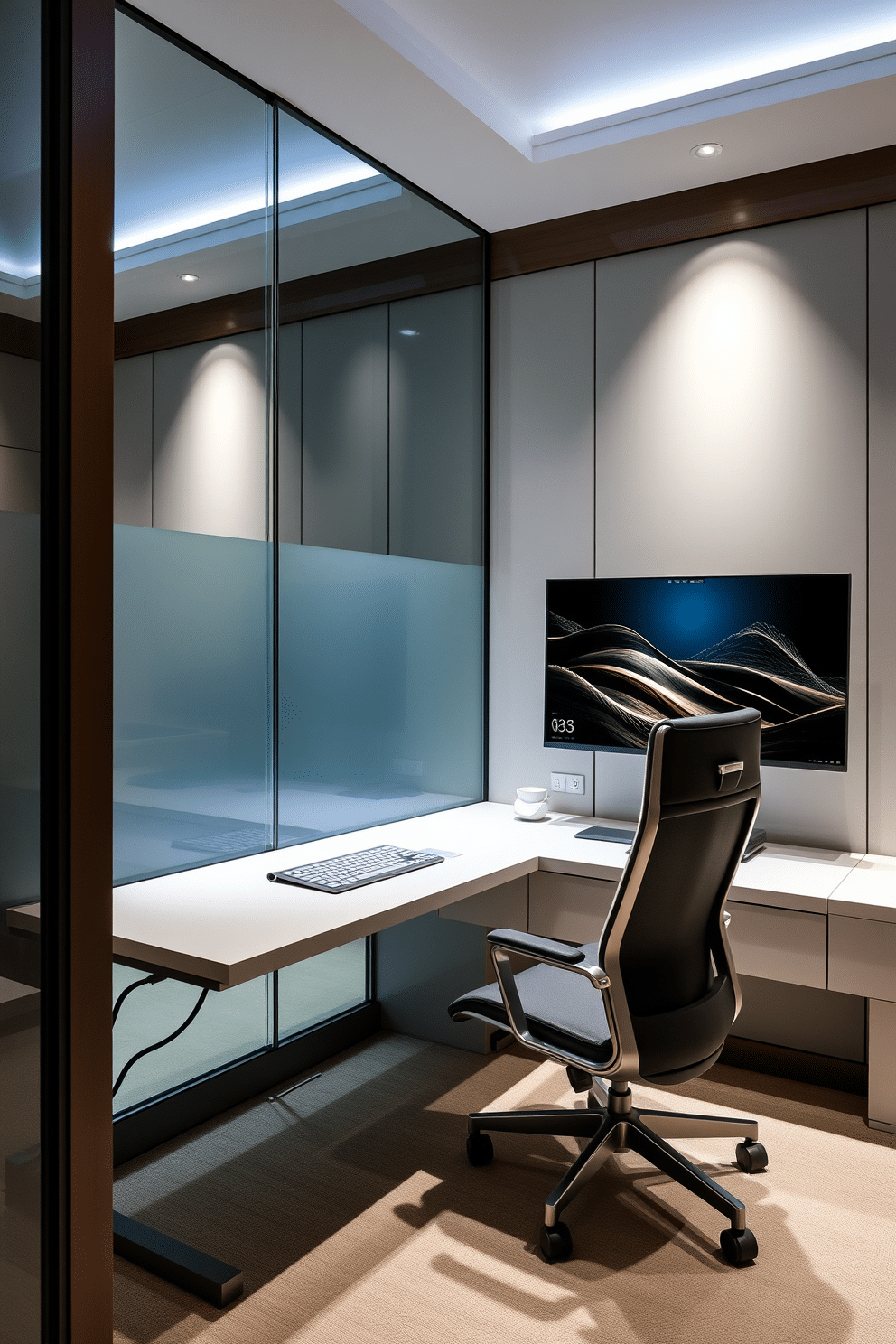 A luxury home office featuring sleek, modern technology seamlessly integrated into the design. The space includes a high-end ergonomic desk with built-in cable management, paired with a stylish chair that complements the room's aesthetic. The walls are adorned with smart glass panels that can change opacity for privacy, while a large, ultra-high-definition monitor is mounted for optimal productivity. Ambient lighting is adjustable through a smart system, creating the perfect atmosphere for focused work.