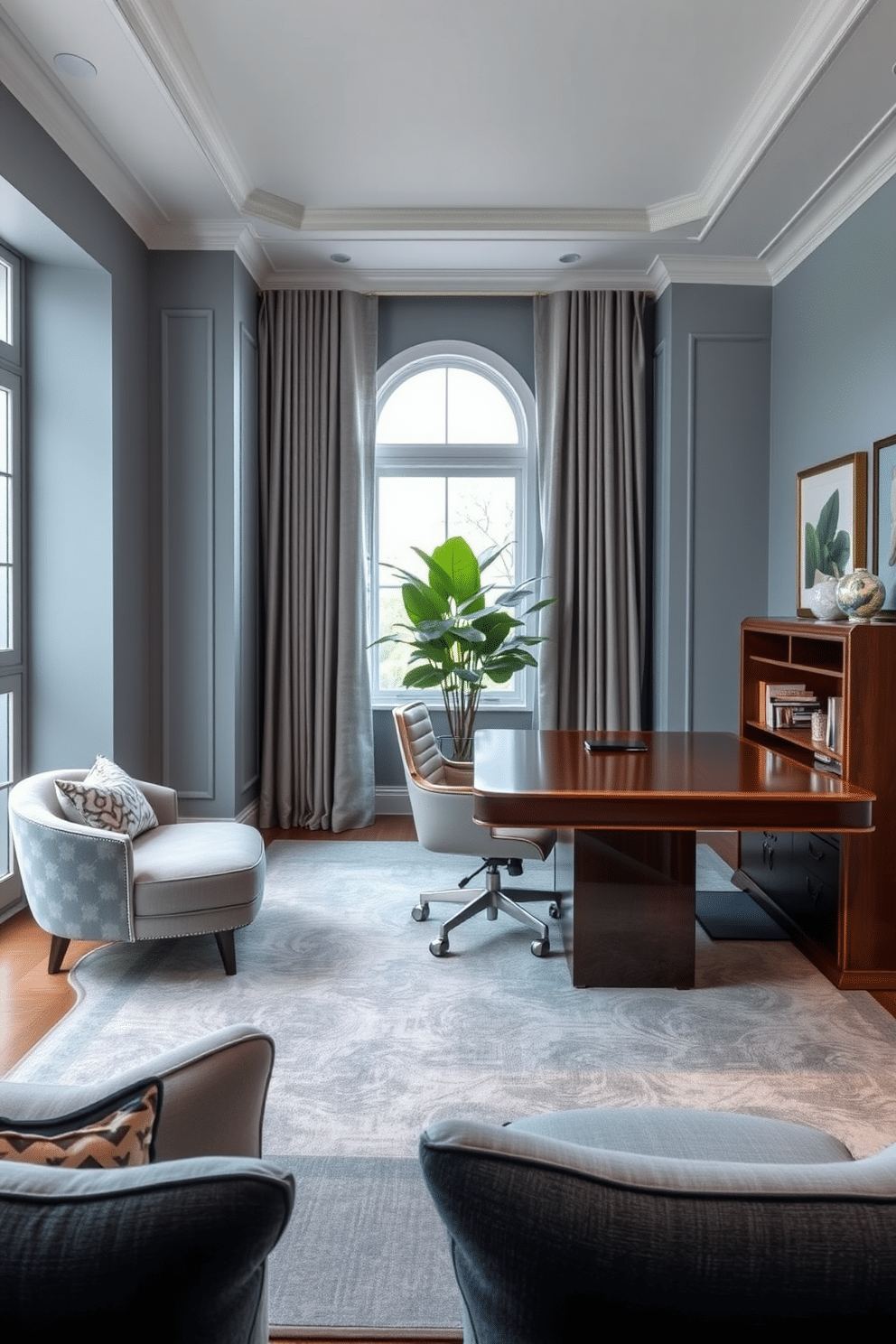 A serene luxury home office featuring a sophisticated color palette of soft blues and warm grays. The space is accented with rich wooden furniture and plush textiles, creating a calming and inviting atmosphere. Incorporate a large, elegant desk with a sleek finish, complemented by a comfortable ergonomic chair. The walls are adorned with subtle artwork, and a lush indoor plant adds a touch of nature to the refined setting.