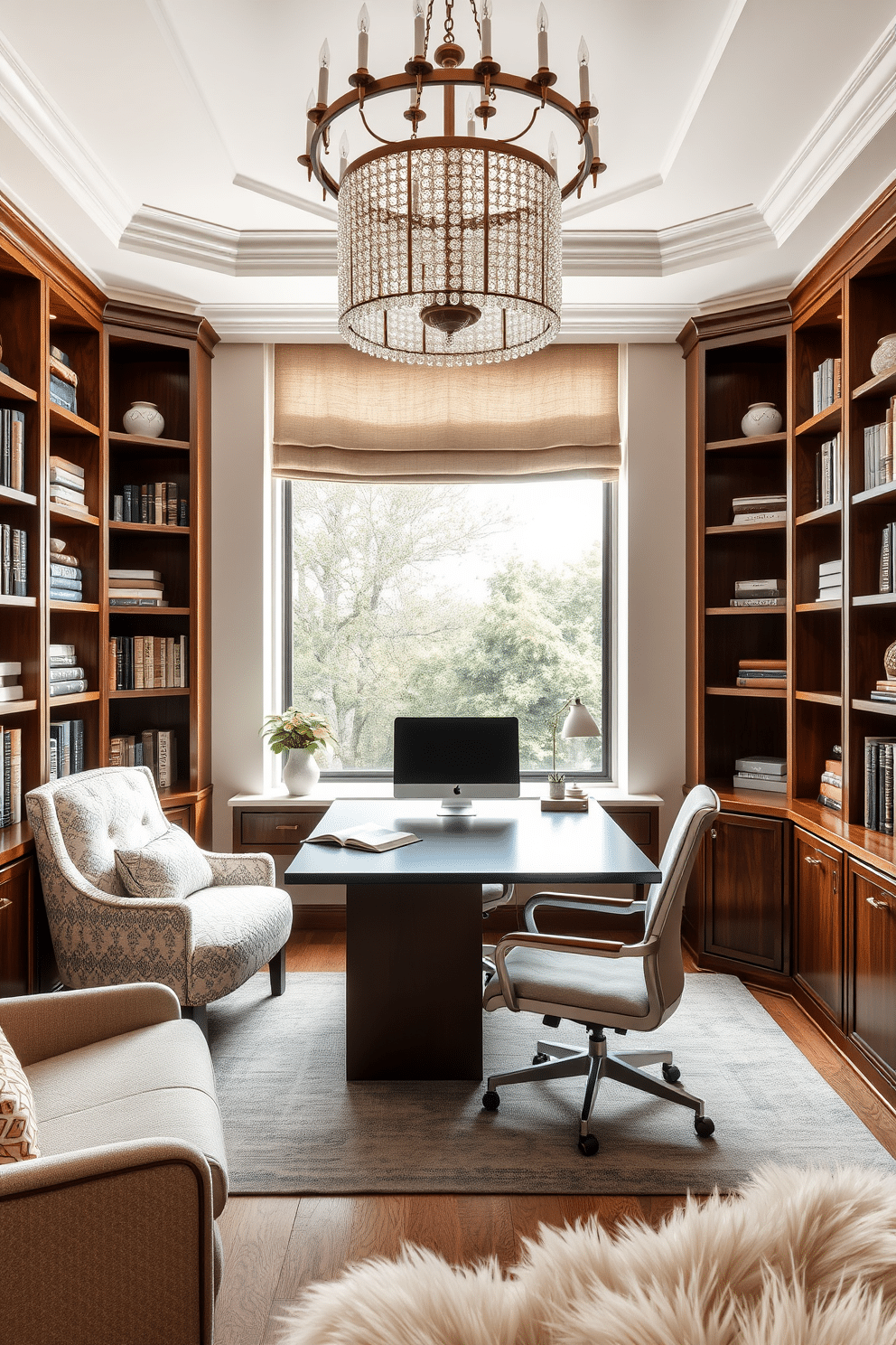 A multi-functional space that seamlessly combines a home office with a cozy reading nook. The room features a sleek, modern desk positioned near a large window, surrounded by built-in shelves filled with books and decorative items. A luxury home office designed with elegant finishes and ergonomic furniture. Rich wood tones are complemented by plush textiles, and a statement chandelier adds a touch of sophistication to the workspace.