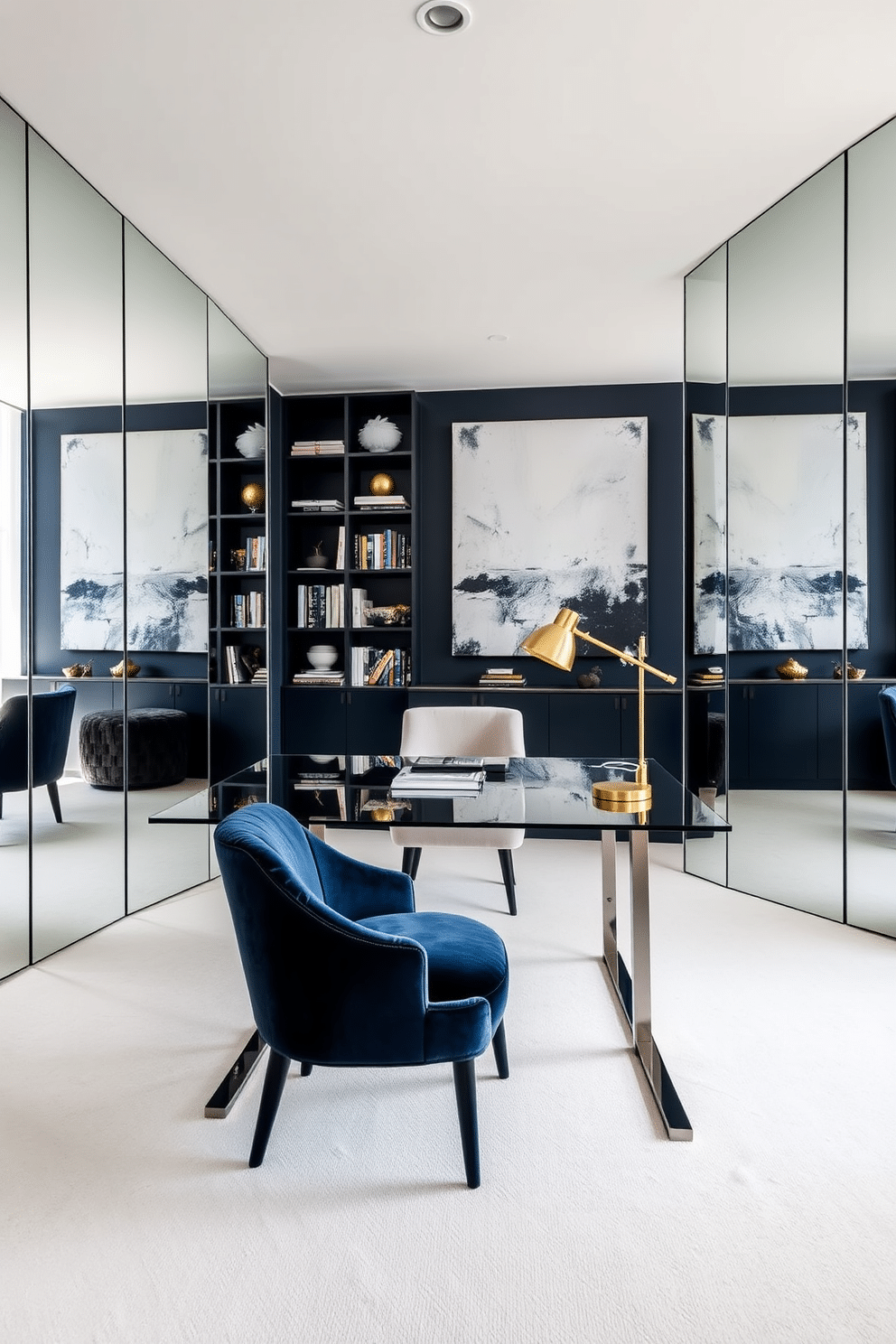 A luxury home office featuring a sleek glass desk positioned in front of a large window, allowing natural light to flood the space. The walls are adorned with floor-to-ceiling mirrors that create an illusion of expanded space, reflecting stylish decor and a modern bookshelf filled with design books. A plush velvet chair sits at the desk, complemented by a contemporary gold lamp for focused lighting. The color palette consists of deep navy and soft white, with a large abstract painting adding a touch of elegance to the room.