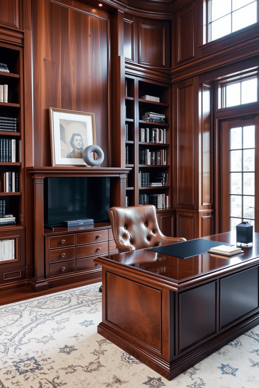 A luxury home office featuring rich wood paneling that envelops the walls, creating a warm and inviting atmosphere. The space includes a large mahogany desk with a plush leather chair, complemented by a stylish bookshelf filled with curated decor and books.