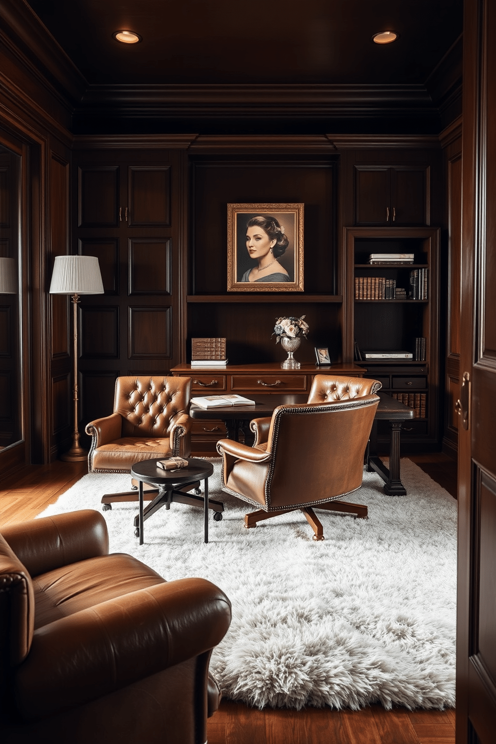 A cozy luxury home office features vintage leather chairs that exude classic appeal, paired with a rich wooden desk that adds warmth to the space. The walls are adorned with dark wood paneling, and a plush area rug anchors the room, creating an inviting atmosphere for productivity.