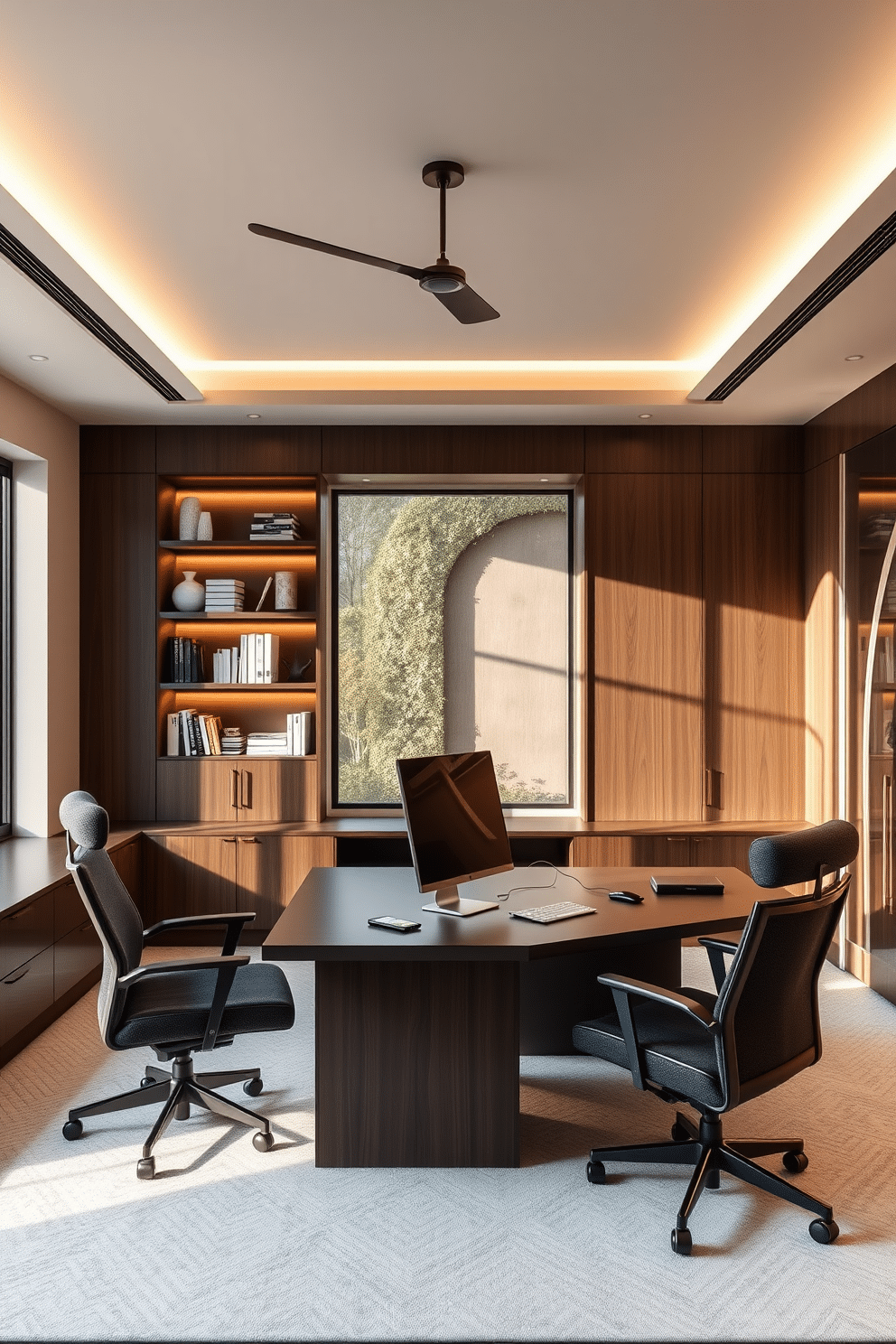 A luxury home office featuring integrated tech solutions for modern efficiency. The space includes a sleek, minimalist desk equipped with a high-resolution monitor and wireless charging stations, surrounded by ergonomic furniture in a sophisticated color palette. Natural light floods the room through large windows, highlighting a built-in shelving unit filled with books and decorative items. Smart lighting adjusts automatically based on the time of day, creating an inviting atmosphere for productivity.