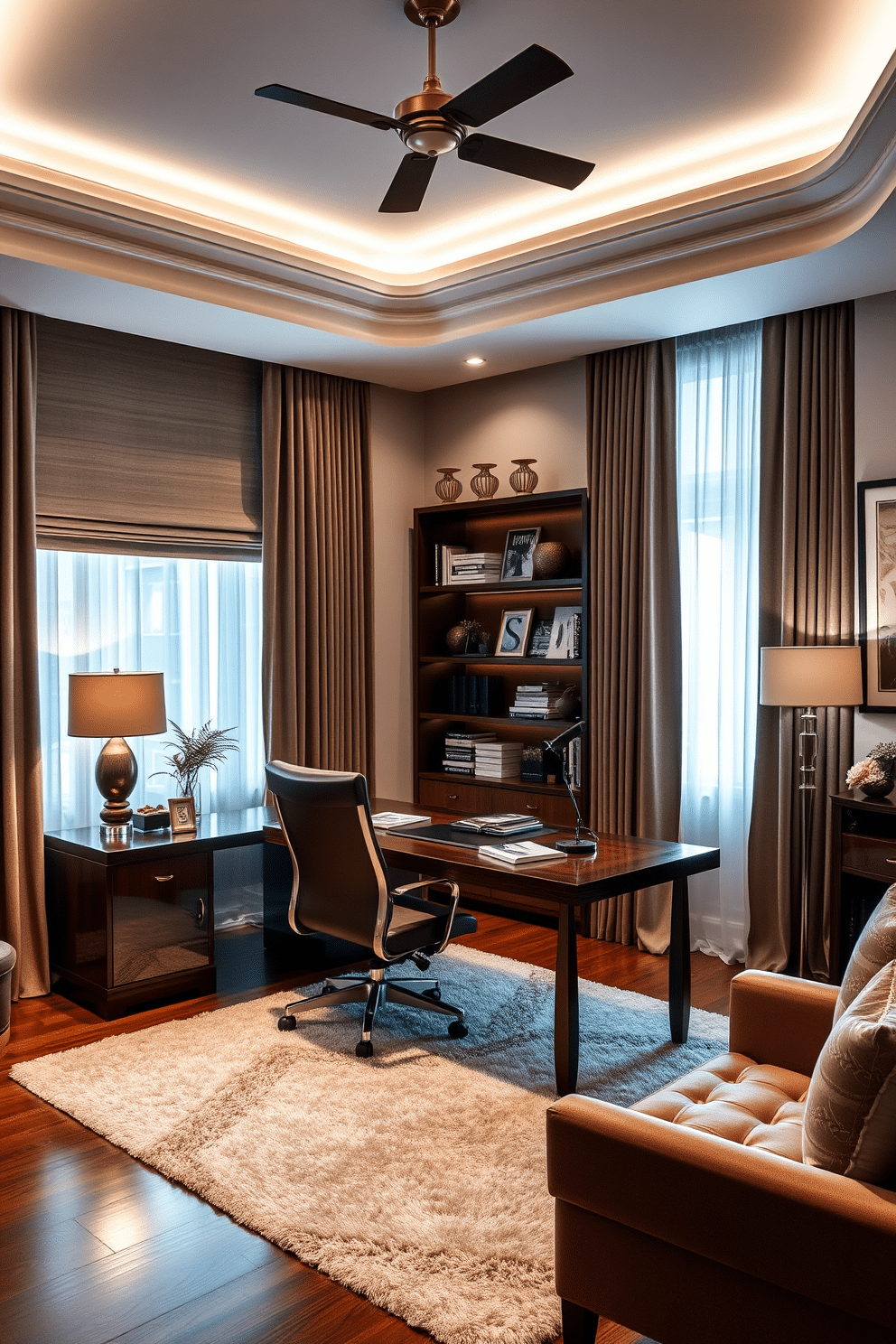 A luxury home office featuring soft, dimmable lighting that creates a warm and inviting atmosphere. The room is adorned with a sleek wooden desk, paired with an ergonomic leather chair, and a stylish bookshelf filled with curated books and decorative items. Large windows allow natural light to filter in, complemented by elegant drapes that add a touch of sophistication. A plush area rug anchors the space, while artwork and personal touches on the walls enhance the overall aesthetic.