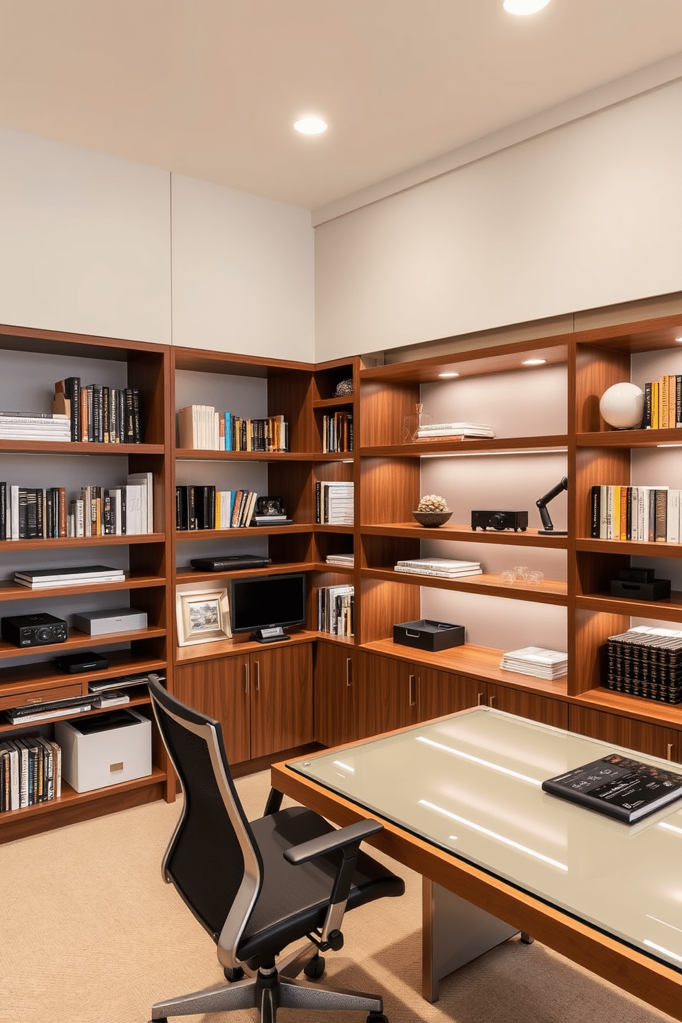 A sleek home office features custom built-in shelving that elegantly integrates with the room's design. The shelves are crafted from rich walnut wood, showcasing a mix of books, decorative items, and organized office supplies. The workspace is anchored by a modern desk with a glass top and a stylish ergonomic chair. Soft, ambient lighting highlights the shelving and creates a warm, inviting atmosphere perfect for productivity.