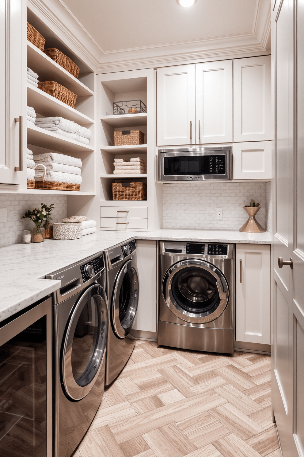 A luxurious laundry room featuring high-end appliances in sleek stainless steel finishes. The room is designed with custom cabinetry in a soft white hue, complemented by a stylish quartz countertop that provides ample workspace. Incorporated into the design are built-in shelves for storage, elegantly displaying neatly folded linens and decorative baskets. The flooring is a chic herringbone pattern in neutral tones, enhancing the overall sophistication of the space.