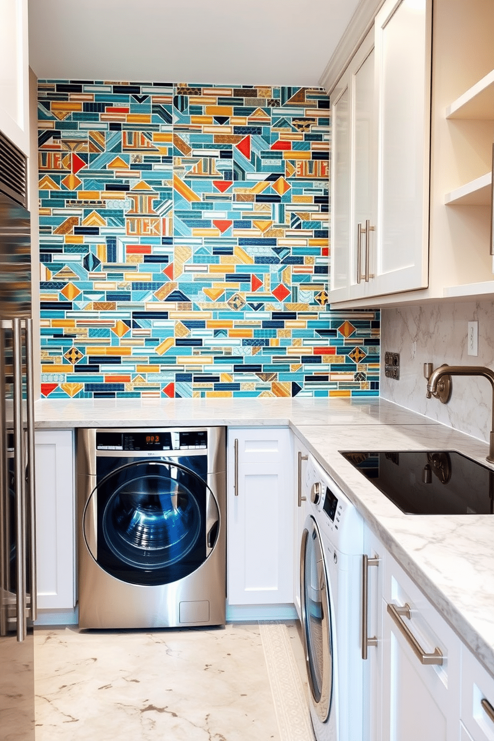 A vibrant and eclectic tile backsplash features an array of colorful geometric patterns, creating a striking focal point in the space. The backsplash complements sleek, modern cabinetry and high-end appliances, enhancing the overall aesthetic of the room. The luxury laundry room showcases a spacious layout with custom cabinetry, providing ample storage and organization solutions. Elegant finishes, such as a quartz countertop and stylish lighting fixtures, elevate the functionality and design of this essential space.