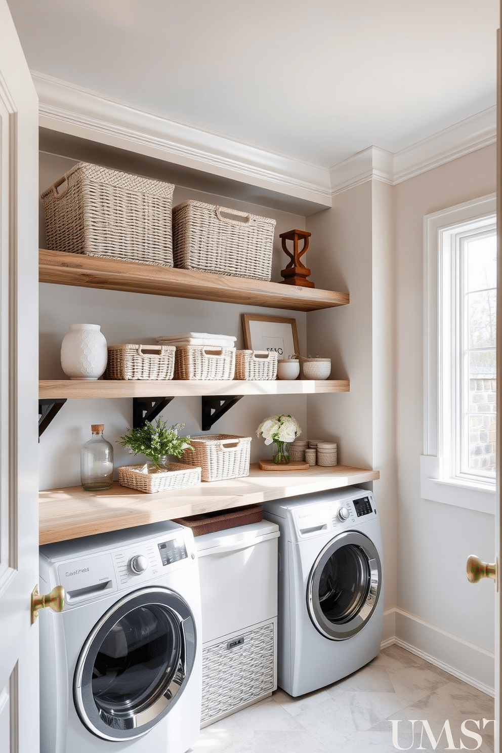 A luxurious laundry room features open shelving made of reclaimed wood, providing easy access to neatly arranged baskets and decorative items. The space is illuminated by natural light streaming through a large window, enhancing the serene color palette of soft whites and muted blues.