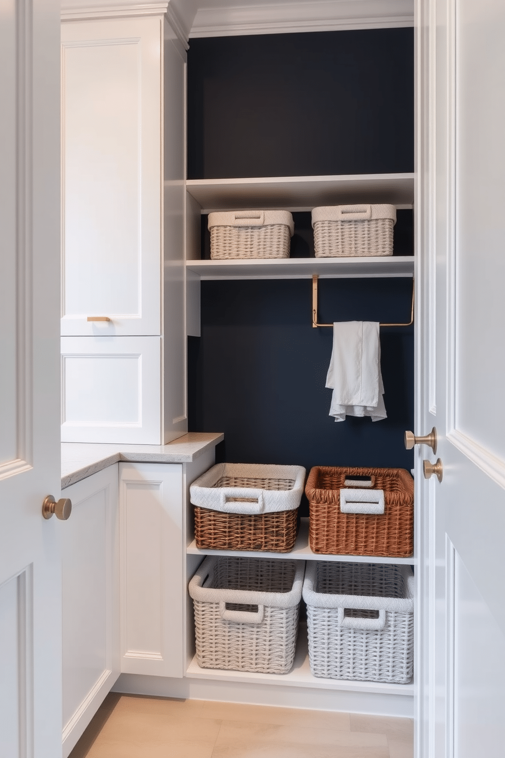 A luxurious laundry room featuring cabinetry that seamlessly integrates stylish laundry baskets. The cabinetry is finished in a soft white with brushed gold hardware, providing an elegant contrast to the deep navy walls.