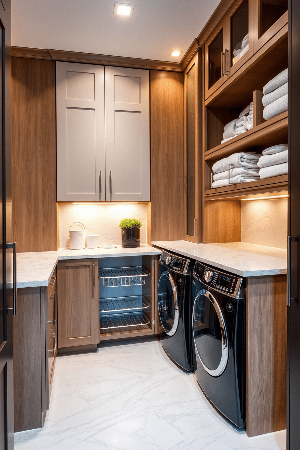 A stylish folding station is designed with a sleek, modern aesthetic, featuring a spacious countertop made of polished quartz. Below, custom cabinetry provides ample storage for laundry essentials, while an organized drying rack is discreetly integrated into the design. The luxury laundry room showcases high-end appliances in a seamless layout, complemented by elegant tile flooring and soft, ambient lighting. A chic backsplash adds a touch of sophistication, creating an inviting atmosphere for laundry tasks.