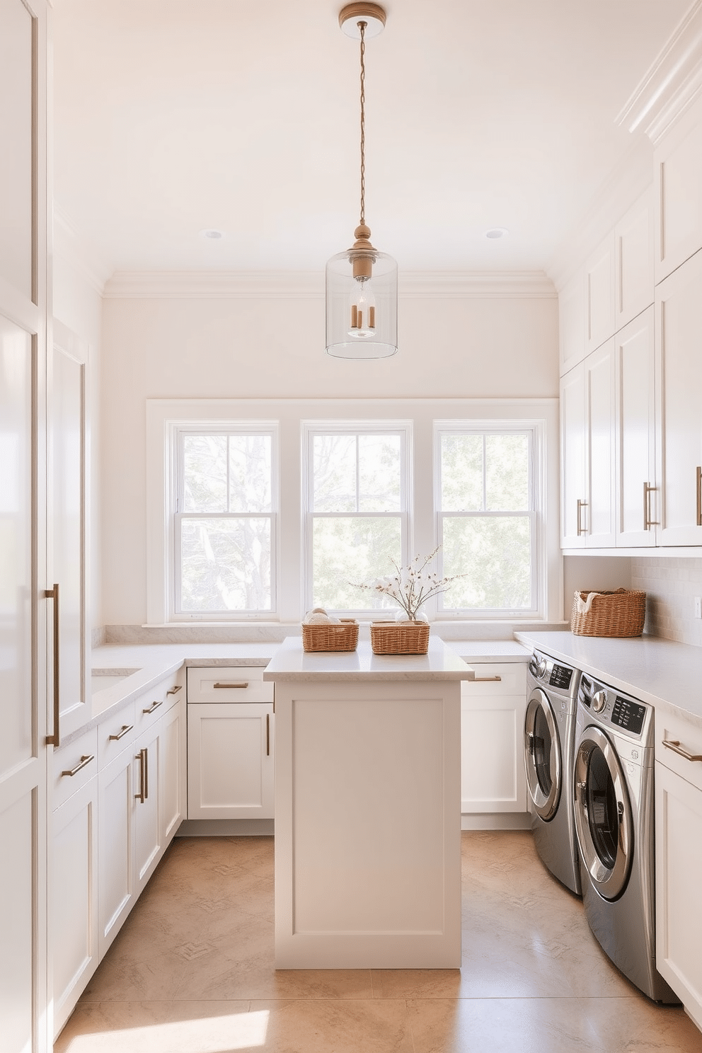 Bright, airy windows fill the space with natural light, creating a warm and inviting atmosphere. The laundry room features sleek cabinetry in a soft white finish, complemented by a stylish countertop made of quartz. A spacious island in the center offers additional workspace and storage, adorned with decorative baskets for organization. Elegant pendant lighting hangs above, adding a touch of sophistication to the functional design.