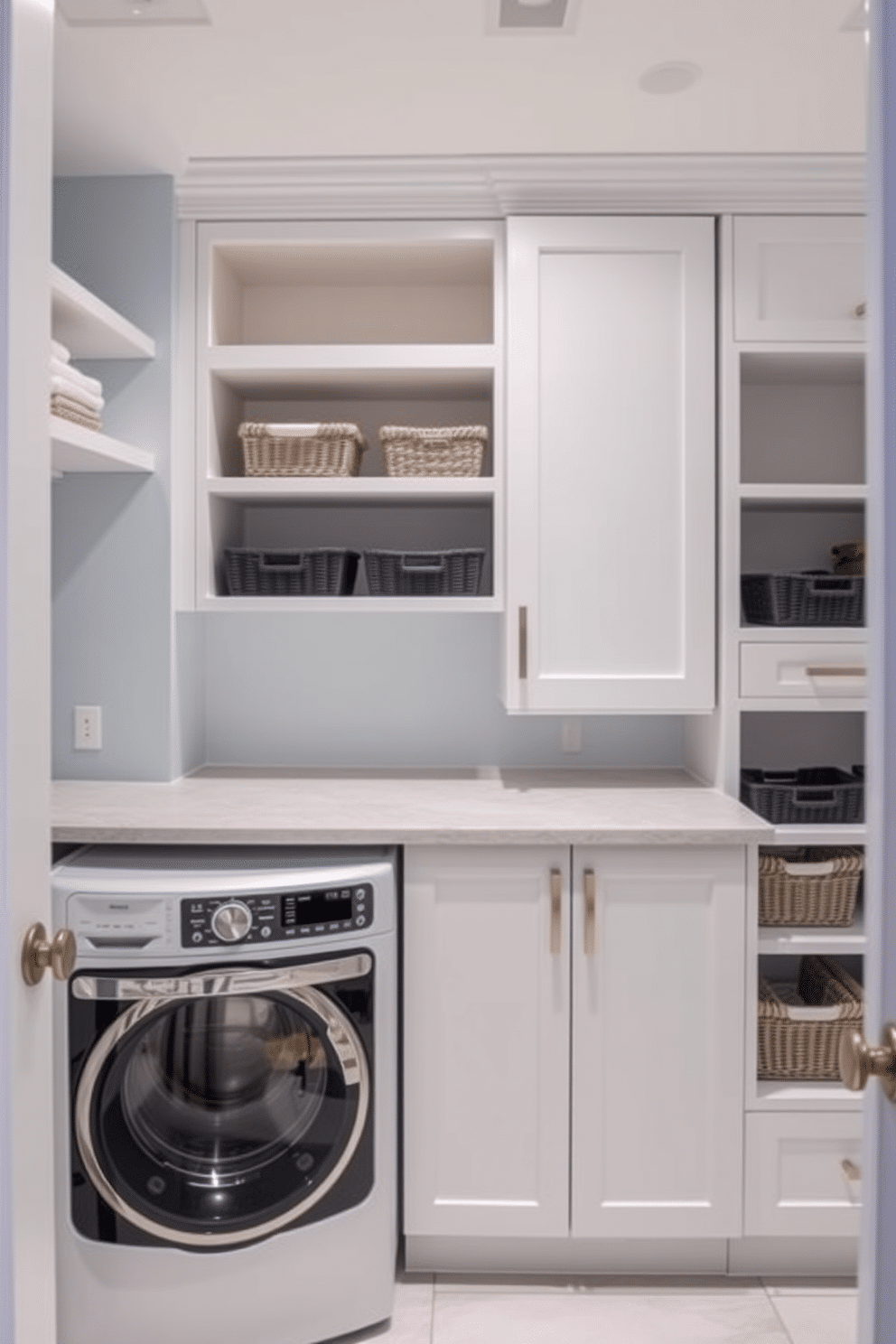 A luxurious laundry room featuring smart technology for efficient routines. The space includes a sleek washer and dryer integrated into custom cabinetry with touch-screen controls for optimal functionality. The walls are painted in a calming light blue, complemented by a white quartz countertop that provides ample folding space. Smart storage solutions, such as pull-out shelves and baskets, are seamlessly incorporated to keep the area organized and clutter-free.