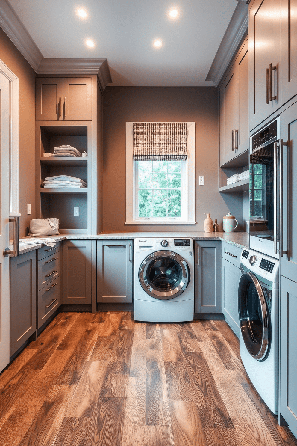 A luxury laundry room featuring durable flooring that mimics hardwood, creating a warm and inviting atmosphere. The space includes sleek cabinetry in a soft gray finish, complemented by a stylish countertop for folding clothes, and modern appliances seamlessly integrated into the design.