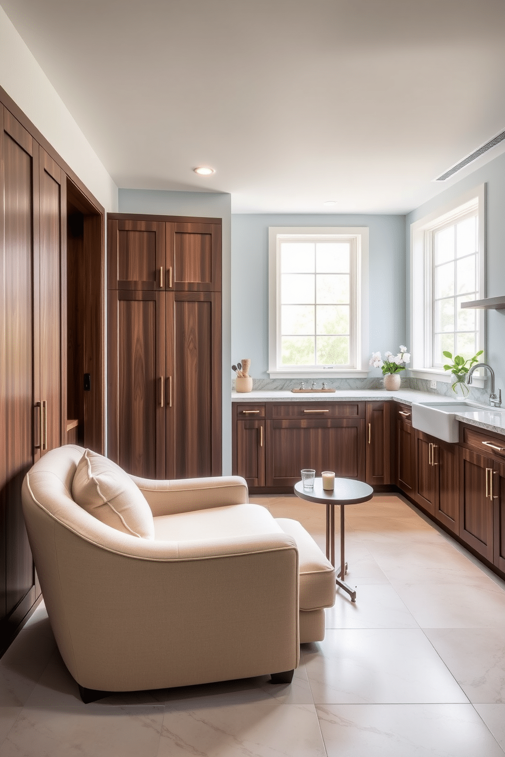 A cozy seating area for laundry breaks features a plush, oversized armchair upholstered in soft, durable fabric, positioned next to a small, round side table. The walls are painted in a calming light blue, and a large window allows natural light to flood the space, creating a serene atmosphere. The luxury laundry room showcases sleek cabinetry in a rich walnut finish, providing ample storage for laundry essentials. A stylish countertop made of quartz extends across the room, complemented by a farmhouse sink and high-end appliances that blend seamlessly into the elegant design.