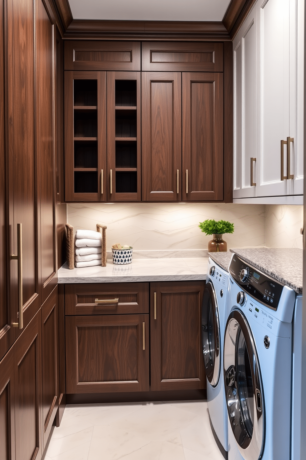 Custom cabinetry for ample storage space. The cabinetry features a combination of open shelves and closed cabinets, with elegant hardware that complements the overall aesthetic. Luxury laundry room design ideas. The space includes a spacious countertop for folding clothes, high-end appliances, and a stylish backsplash that adds a touch of sophistication.