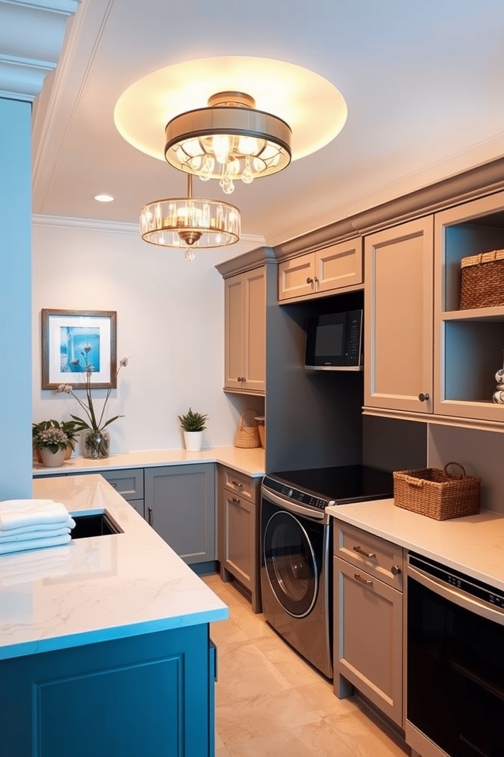 A luxury laundry room features custom lighting fixtures that add a unique flair, illuminating the space with a warm glow. The room includes sleek cabinetry with a blend of modern and traditional elements, complemented by a spacious countertop for folding clothes. The design incorporates high-end appliances seamlessly integrated into the cabinetry, offering both functionality and style. Soft, neutral colors on the walls create a serene atmosphere, while decorative accents like potted plants and stylish baskets enhance the overall aesthetic.