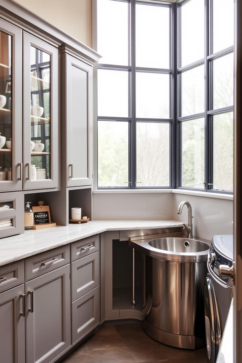 A luxurious laundry room features a built-in pet washing station, seamlessly integrated into the cabinetry. The station includes a sleek, stainless steel tub with a detachable showerhead, surrounded by custom storage for pet supplies and laundry essentials. The room is adorned with elegant cabinetry in a soft gray finish, complemented by a marble countertop for a touch of sophistication. Large windows allow natural light to flood the space, creating an inviting atmosphere with stylish decor and functional organization solutions.