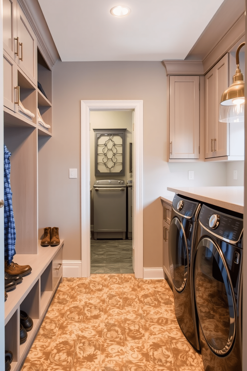 A functional mudroom space adjacent to a laundry room features built-in cabinetry with ample storage for shoes and outdoor gear. The walls are painted a soft gray, and the floor is adorned with durable, patterned tiles that can withstand heavy use. The luxury laundry room boasts high-end appliances seamlessly integrated into custom cabinetry. A spacious countertop provides room for folding clothes, while pendant lighting adds a touch of elegance to the space.