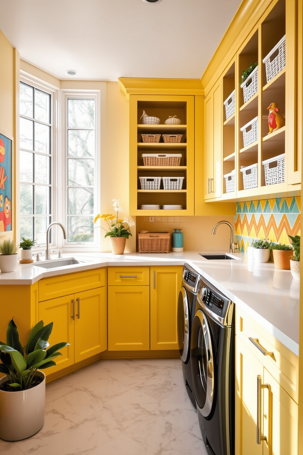 A luxurious laundry room designed with a bright color palette features vibrant yellow cabinetry paired with a sleek white countertop. Large windows allow natural light to flood the space, highlighting colorful wall art and playful accents throughout the room. The laundry area includes high-end appliances seamlessly integrated into the design, with stylish open shelving displaying neatly arranged baskets. A cheerful backsplash in bold geometric patterns adds a fun touch, while potted plants bring a refreshing, lively atmosphere.