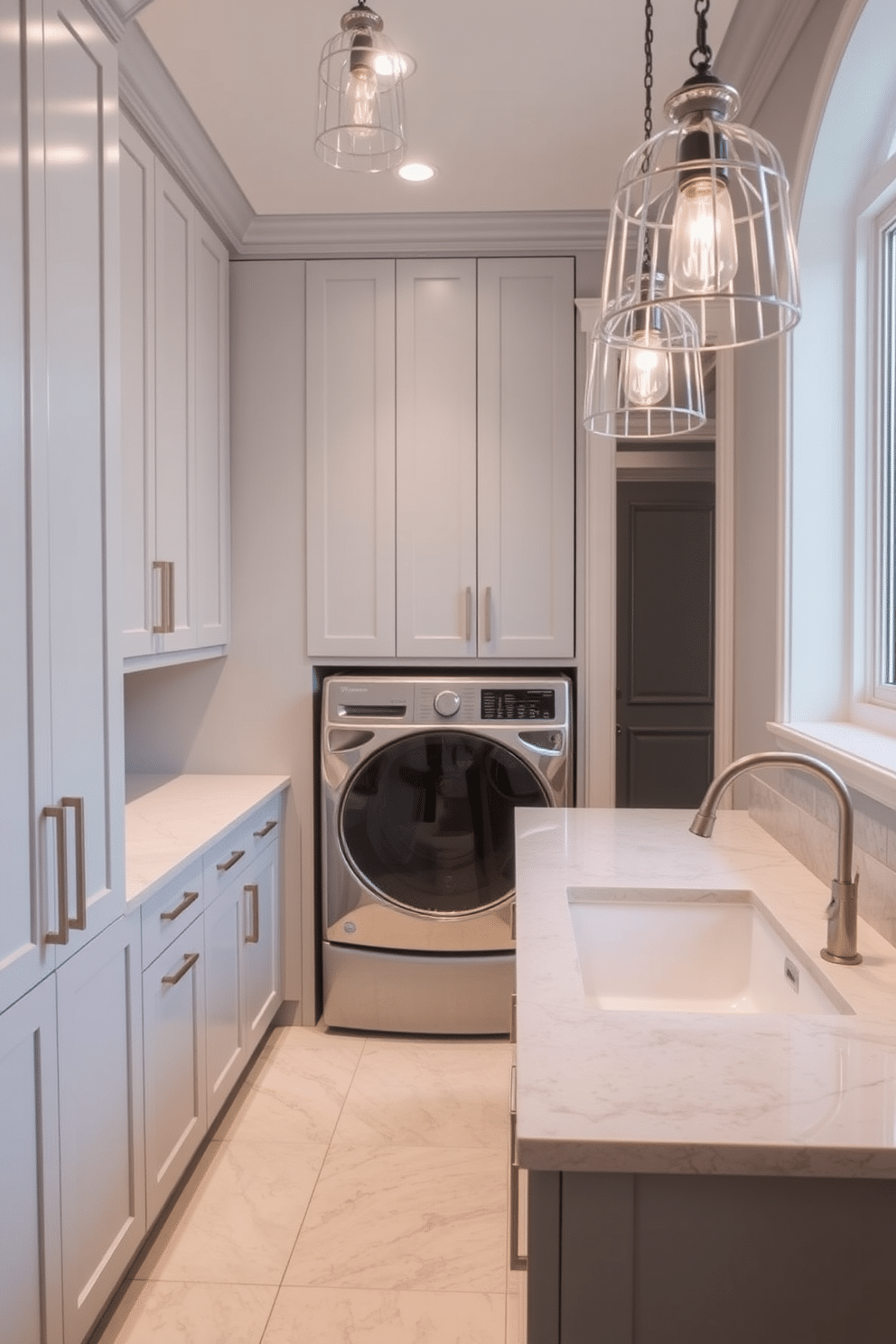 A luxury laundry room features high-end faucets and fixtures that exude sophistication. The space is designed with sleek cabinetry, a spacious countertop for folding, and a stylish sink that complements the overall aesthetic. Incorporate a color palette of soft grays and whites to create a serene environment. Elegant lighting fixtures hang above, illuminating the room while adding a touch of glamour.