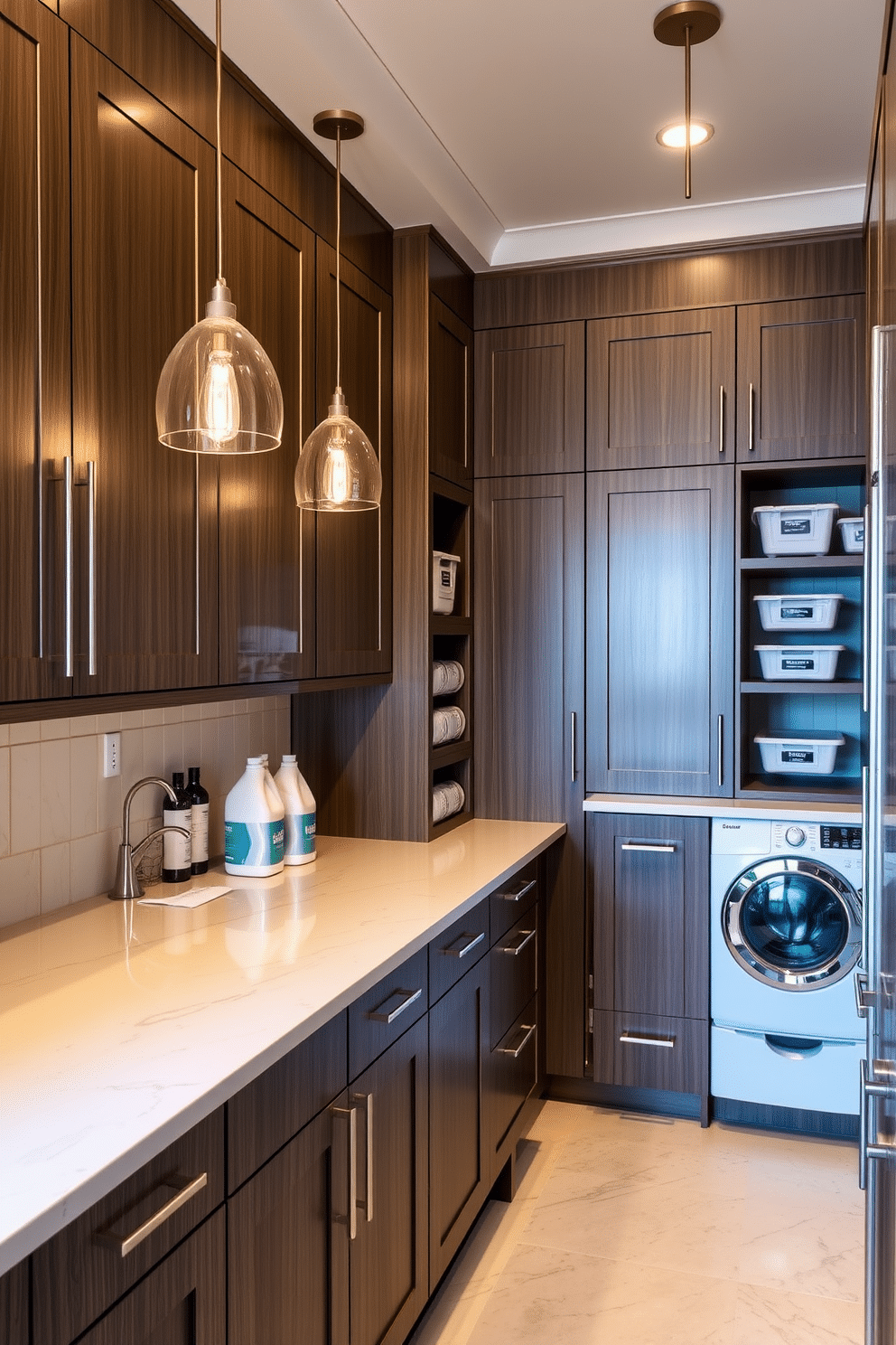 A luxury laundry room featuring custom cabinetry with a sleek, modern design. The space includes a large island for folding clothes, topped with a quartz surface, and ample storage solutions for detergents and supplies. Efficient organization systems incorporate pull-out shelves and labeled bins for easy access. The room is illuminated by stylish pendant lights, adding a touch of elegance to the functional space.