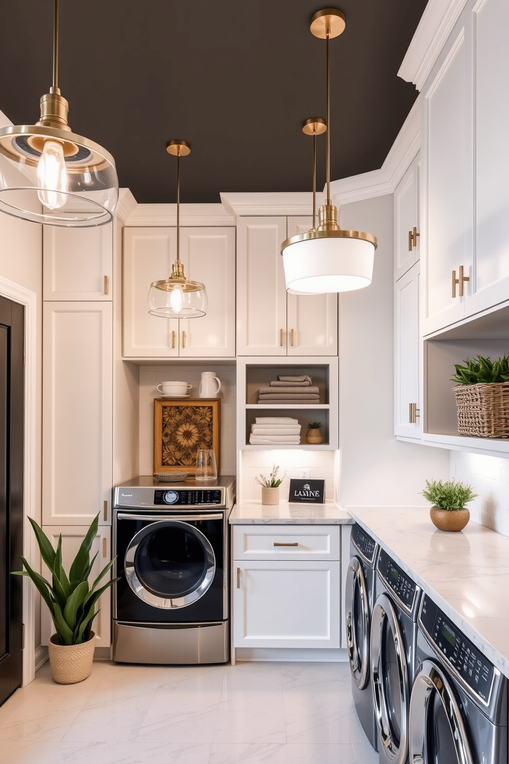 Chic pendant lighting suspended gracefully from the ceiling casts a warm glow over the room, creating an inviting atmosphere. The fixtures feature a sleek, modern design with an elegant finish that complements the overall decor. The luxury laundry room showcases high-end appliances seamlessly integrated into custom cabinetry, providing both functionality and style. A marble countertop offers ample space for folding clothes, while decorative elements like potted plants and stylish storage baskets enhance the aesthetic appeal.