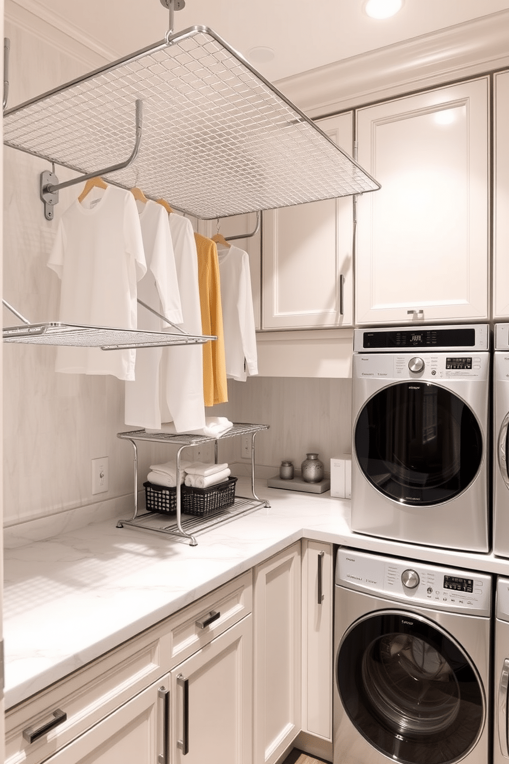 A luxury laundry room featuring stylish drying racks designed for delicate garments. The space includes elegant cabinetry with a soft color palette, complemented by a sleek countertop and high-end appliances.