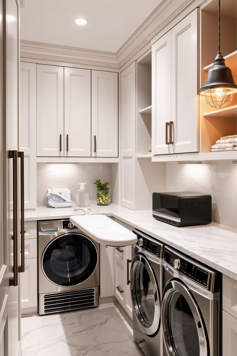 A luxury laundry room featuring a built-in ironing board seamlessly integrated into custom cabinetry. The space is adorned with sleek, modern appliances, complemented by elegant marble countertops and stylish pendant lighting.