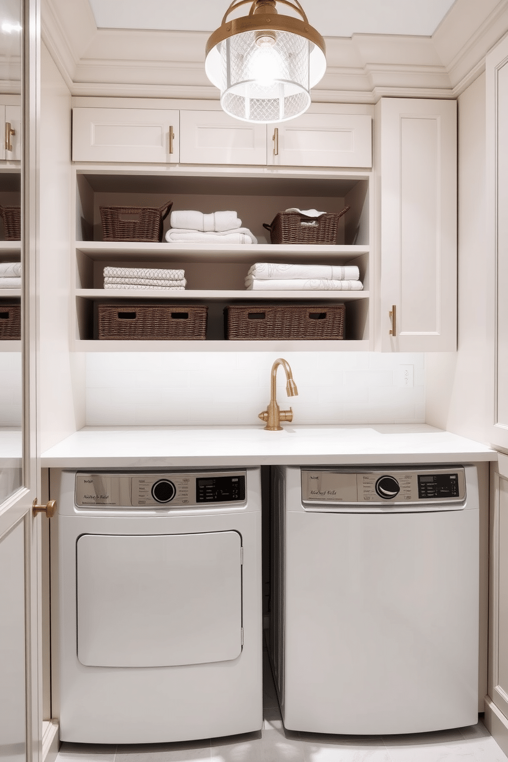 A luxurious laundry room designed with seamless cabinetry conceals a high-efficiency washer and dryer, creating a clean and organized appearance. The cabinetry features elegant hardware and a soft color palette, enhancing the overall sophistication of the space. Above the appliances, open shelving displays neatly folded towels and decorative storage baskets, adding both functionality and style. A stylish countertop provides ample space for folding laundry, complemented by a chic pendant light that illuminates the area beautifully.