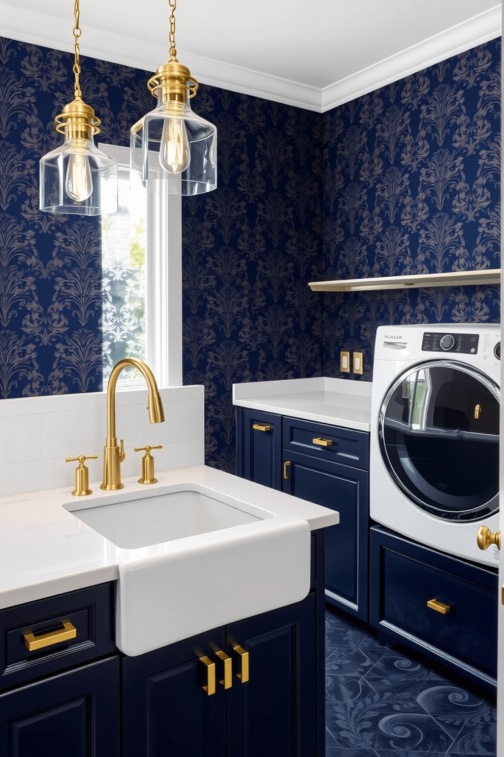 Luxe wallpaper featuring an intricate damask pattern in rich navy blue creates a bold statement on the feature wall of this opulent laundry room. The room is accented with gold hardware on sleek cabinetry, providing a sophisticated contrast to the wallpaper. A spacious island with a white quartz countertop offers ample workspace for folding laundry, while a stylish farmhouse sink adds a touch of charm. Elegant pendant lights hang above the island, illuminating the space and enhancing the luxurious atmosphere.