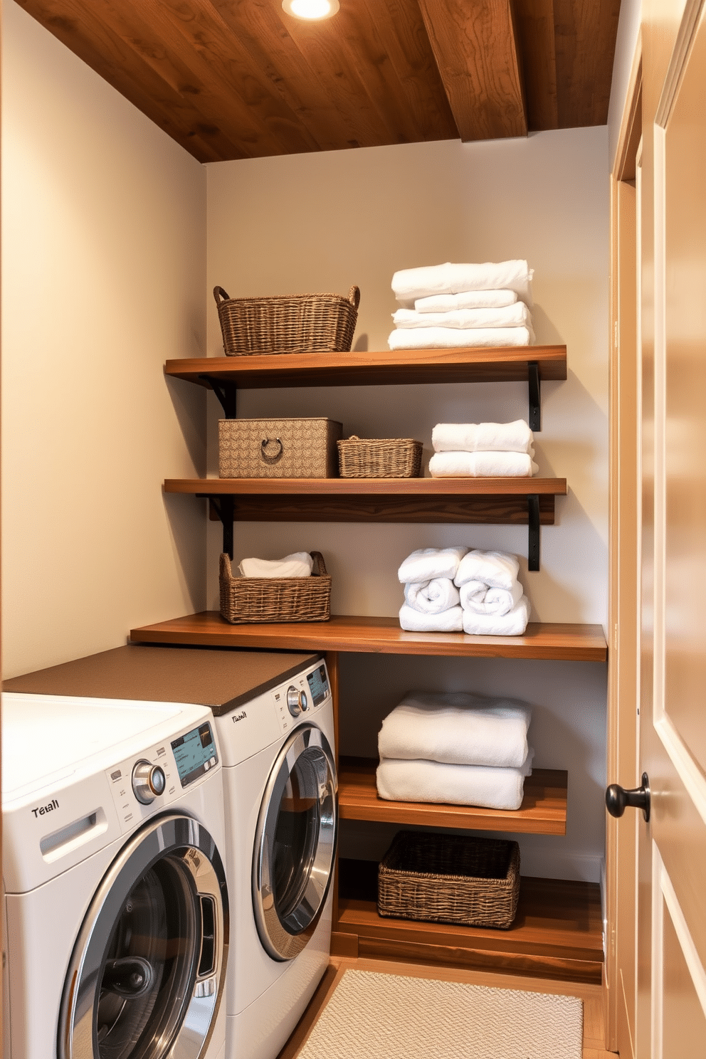 A cozy luxury laundry room featuring rustic wood shelving that adds warmth and character to the space. The room is equipped with high-end appliances, and the shelves are adorned with neatly folded towels and decorative baskets.