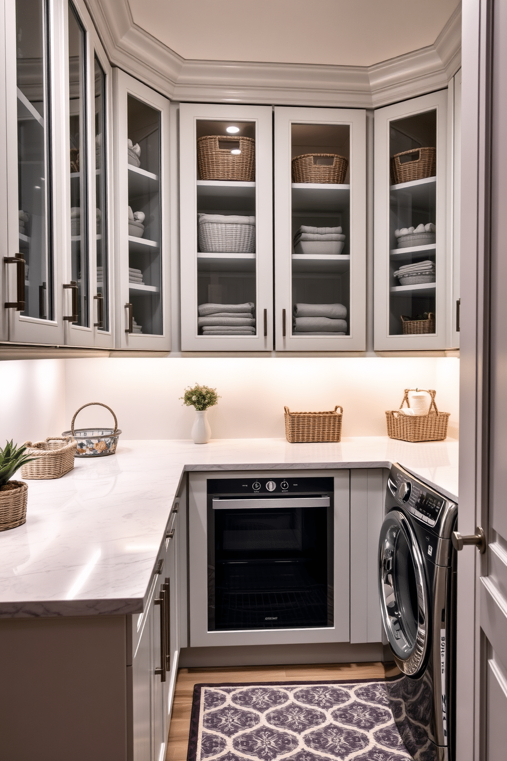 Sleek glass-front cabinets line the walls of a luxury laundry room, showcasing neatly organized laundry essentials and decorative baskets. The room features a spacious countertop for folding clothes, complemented by a stylish backsplash in a soft pastel hue. High-end appliances are seamlessly integrated into the cabinetry, while under-cabinet lighting illuminates the space, creating a warm and inviting atmosphere. A chic area rug adds comfort underfoot, and a small potted plant brings a touch of greenery to the design.