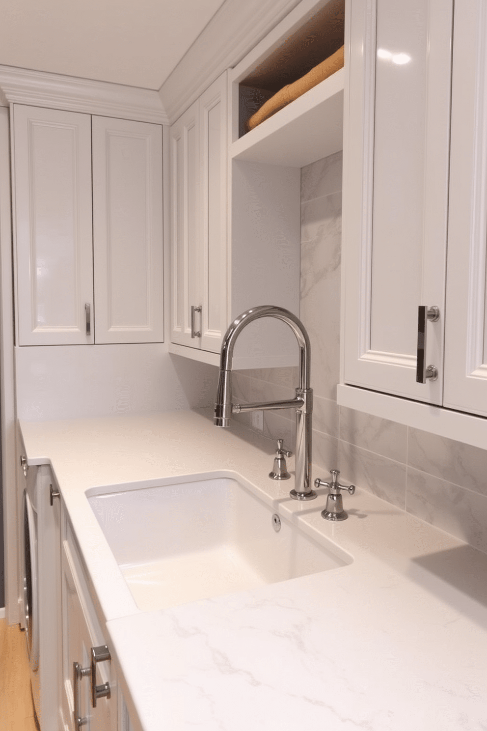 A luxury laundry room features a spacious farmhouse sink with a polished chrome faucet, surrounded by custom cabinetry in a soft white finish. The countertops are made of durable quartz, providing ample space for folding clothes, while a stylish backsplash adds a touch of elegance to the functional area.