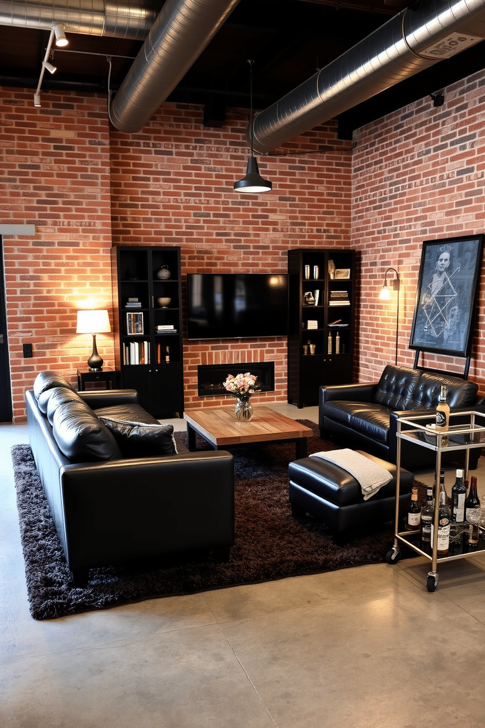 A stylish man cave featuring industrial exposed brick walls. The space is adorned with sleek leather furniture, a rustic wooden coffee table, and ambient lighting that enhances the raw aesthetic. The room includes a large flat-screen TV mounted on the wall, surrounded by custom shelving for books and collectibles. A plush area rug adds warmth to the concrete floor, while a well-stocked bar cart provides an inviting touch for entertaining guests.