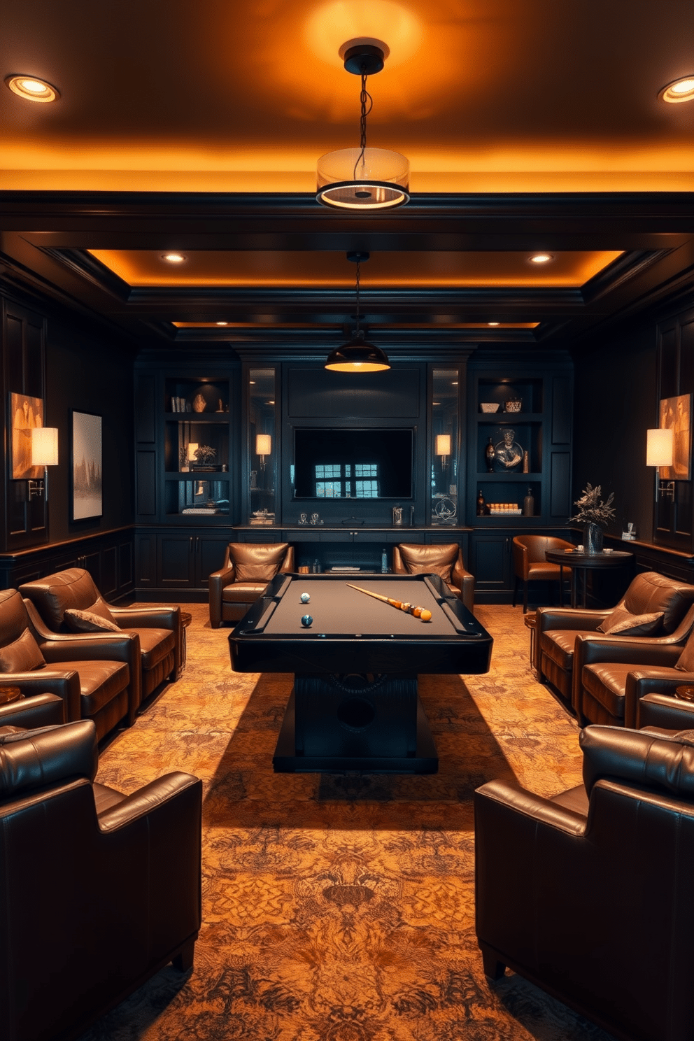 A luxurious man cave featuring a sleek pool table at its center, surrounded by plush leather seating in rich tones. Stylish overhead lighting casts a warm glow, enhancing the inviting atmosphere while showcasing the elegant decor elements throughout the space.