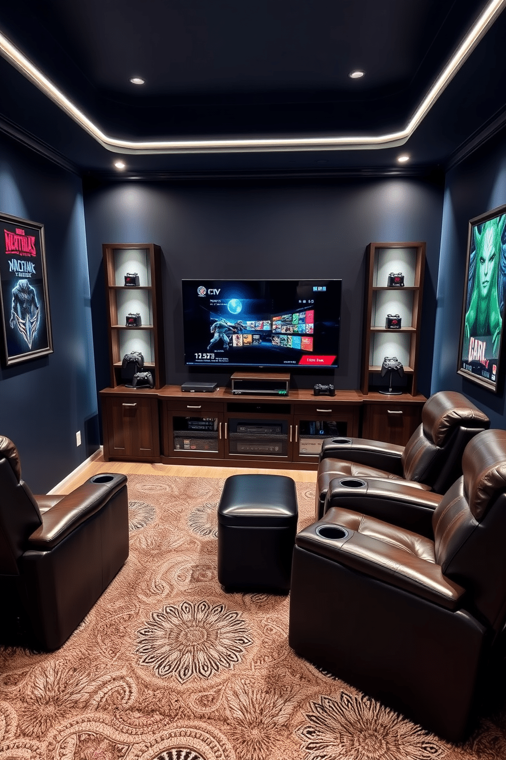 A stylish game console setup featuring a sleek, dark wood entertainment center that holds the latest gaming console and accessories. Flanking the console, there are plush leather recliners with built-in cup holders, positioned for optimal viewing of a large, wall-mounted flat-screen TV. The room is illuminated by soft, ambient lighting, creating a cozy atmosphere for gaming sessions. Rich, dark blue walls and a plush area rug add to the luxurious feel, while framed artwork of iconic video games adorns the walls, enhancing the man cave aesthetic.