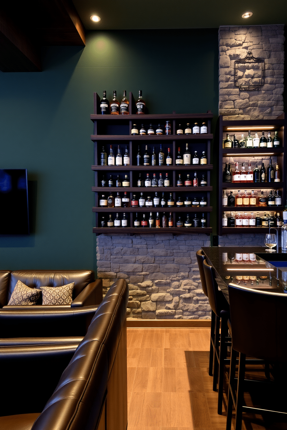 A stylish man cave featuring wall-mounted whiskey racks made of dark wood, showcasing an impressive collection of bottles. The space is accented with soft ambient lighting, leather seating, and a rustic stone wall that adds character and warmth. Incorporate a sleek bar area adjacent to the whiskey racks, complete with high stools and a polished countertop. The overall color palette includes deep greens and browns, creating a cozy yet sophisticated atmosphere perfect for entertaining.