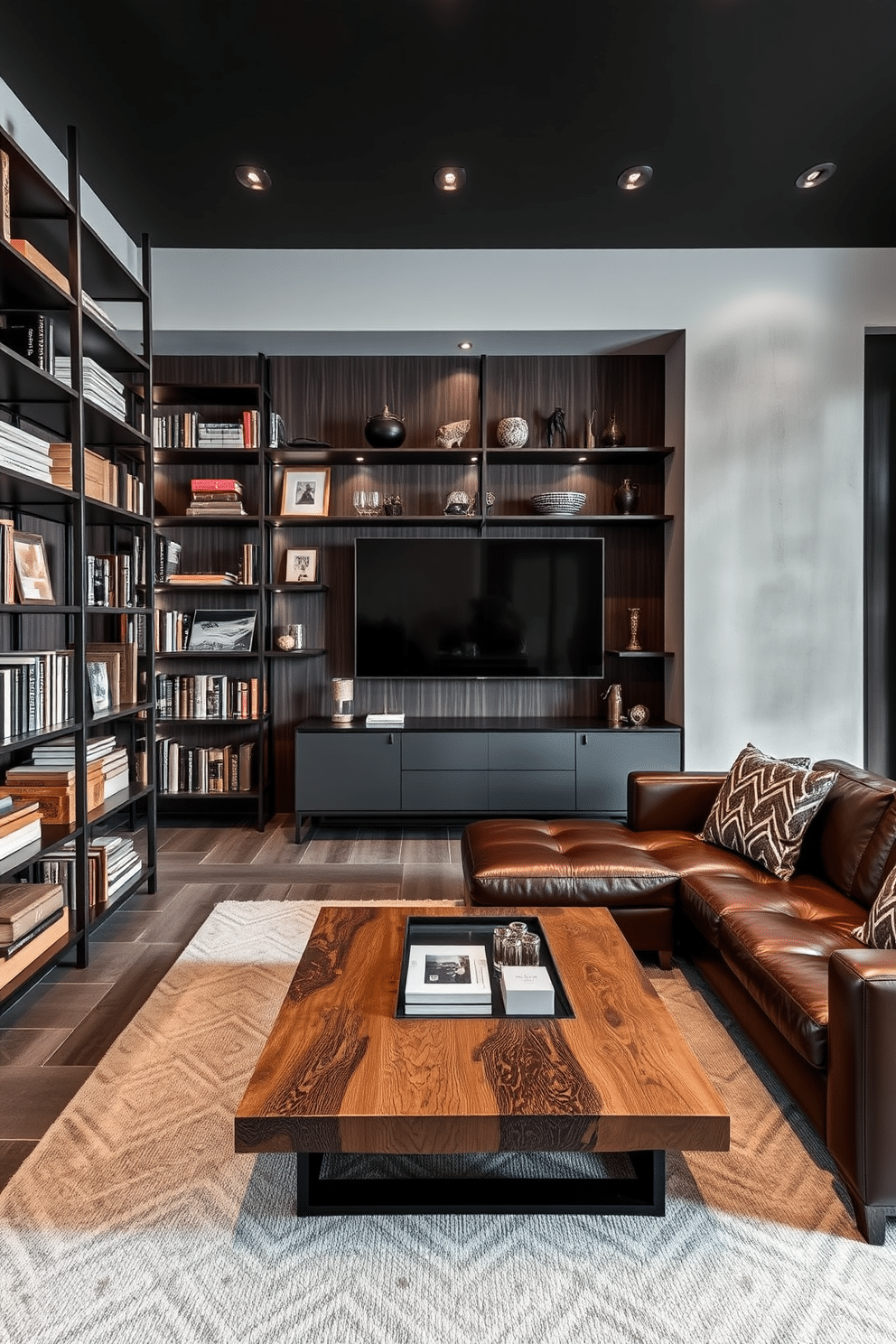 A sleek metal shelving unit lines one wall, showcasing an array of curated books, vintage collectibles, and stylish decor items. The shelves are complemented by ambient lighting that highlights the textures of the metal and the items displayed. The luxury man cave features a plush leather sectional sofa, positioned around a modern coffee table made of reclaimed wood and glass. Dark wood paneling enhances the cozy atmosphere, while a large flat-screen TV is mounted above a sleek, minimalist console.